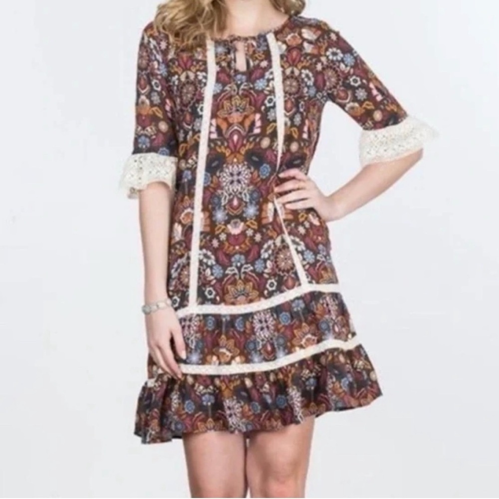 Matilda Jane Intermission Brown Floral Lace Trim Shift Dress Large